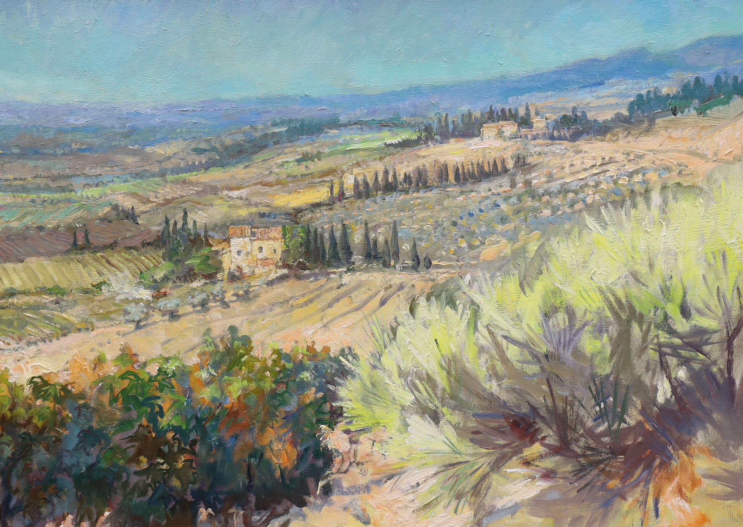 Tessa Spencer Pryse (b.1940), oil on board, 'Tuscany landscape, Italy', inscribed verso, 60 x 80cm